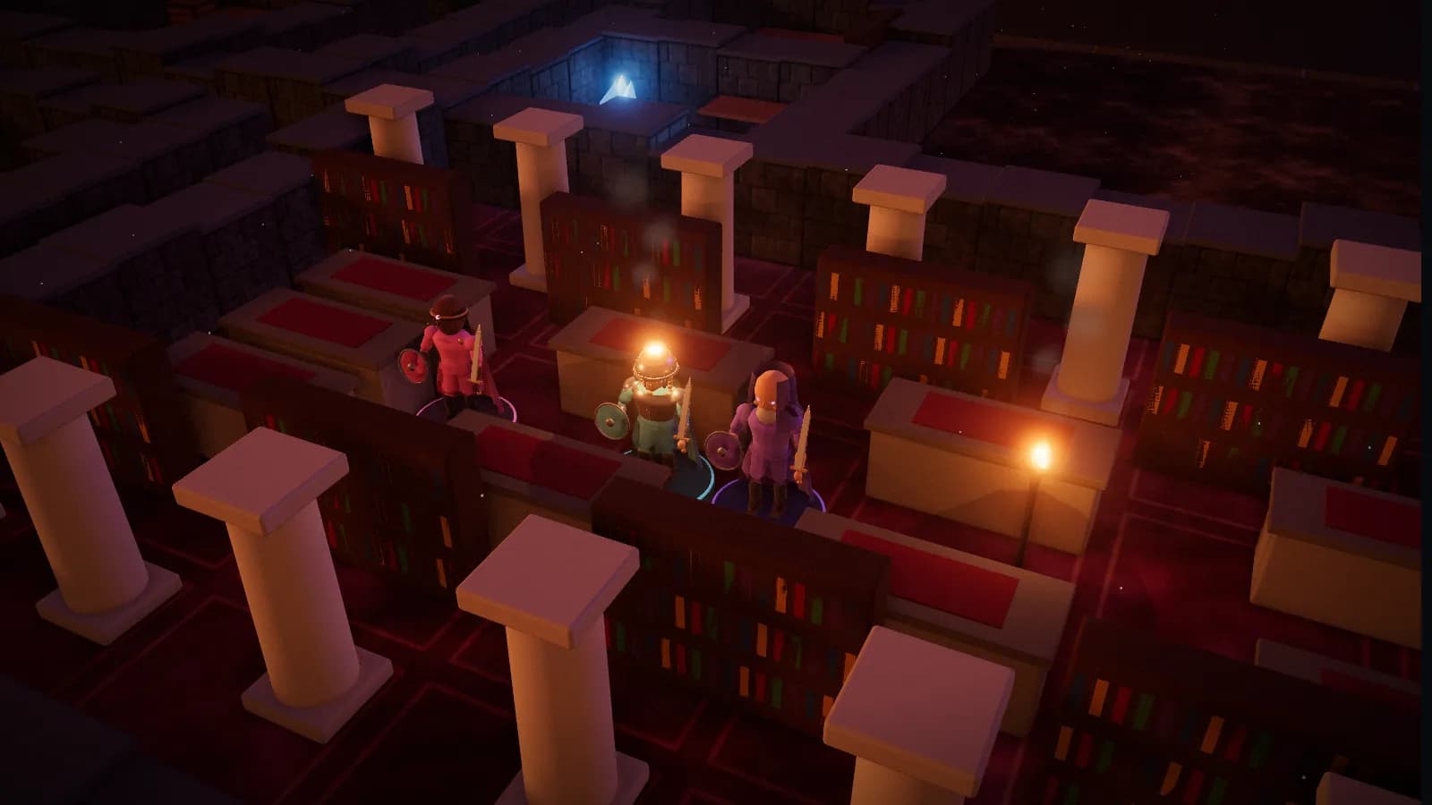 The Astral Tower, first floor, a board from The Astral Tower, on the 3D table with three heroes standing on it.