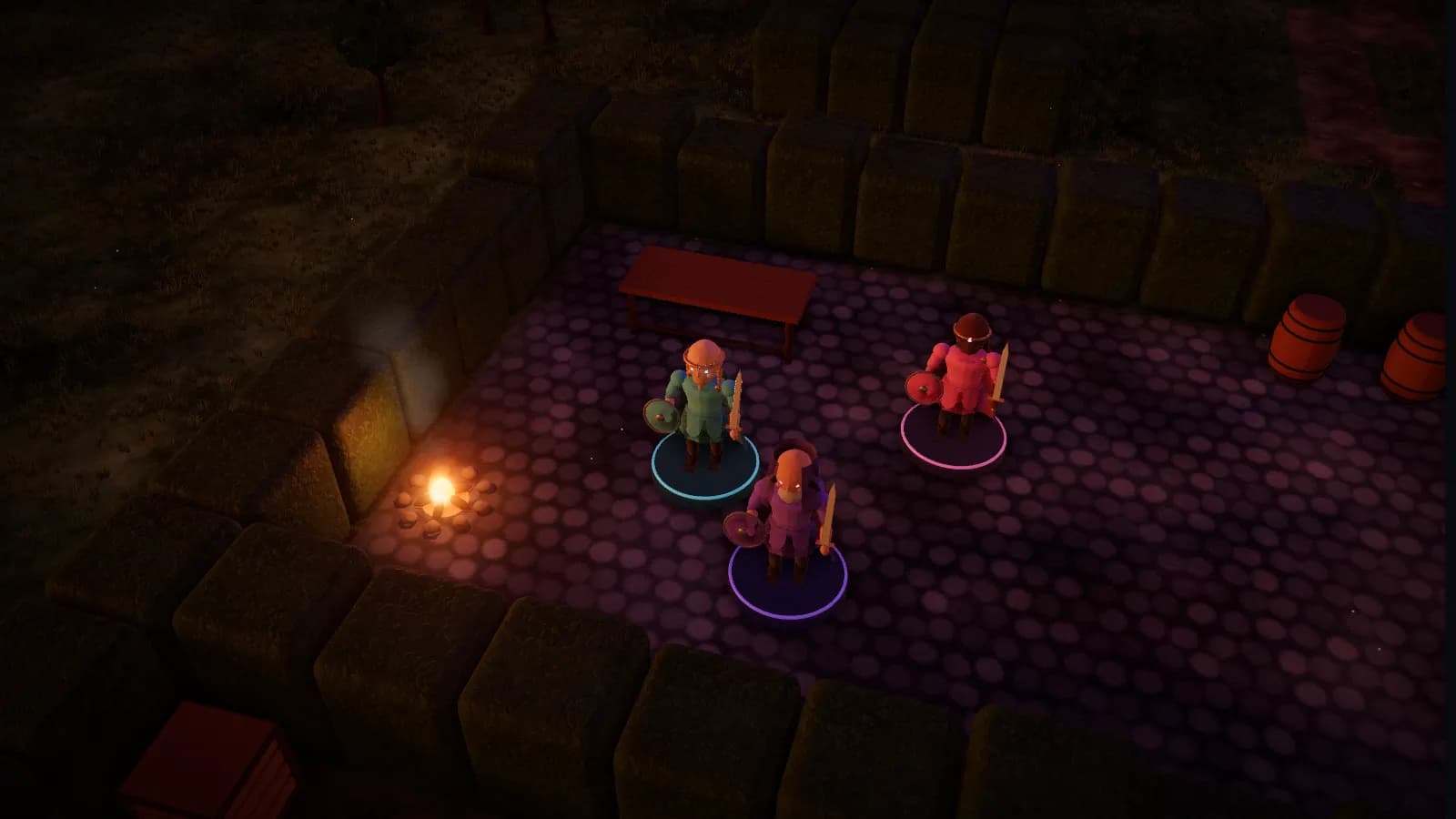 Stillroot, a board from Beneath Stillroot, on the 3D table with three heroes standing on it.