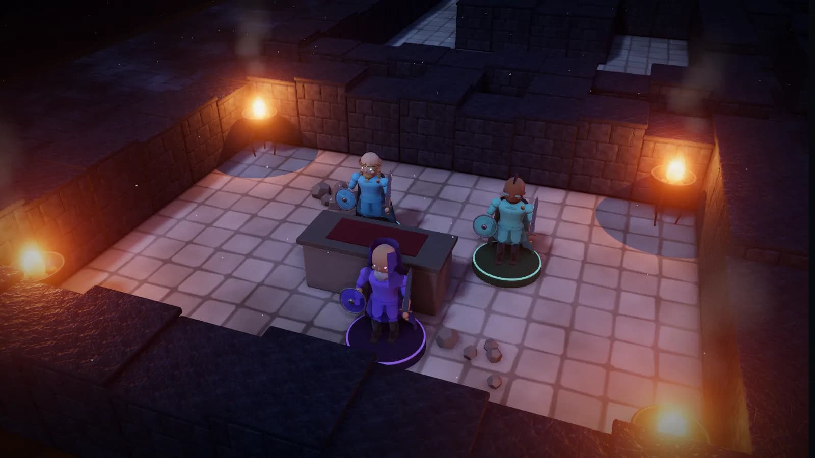 The structure: second floor, a board from The Corpseless Coffin, on the 3D table with three heroes standing on it.