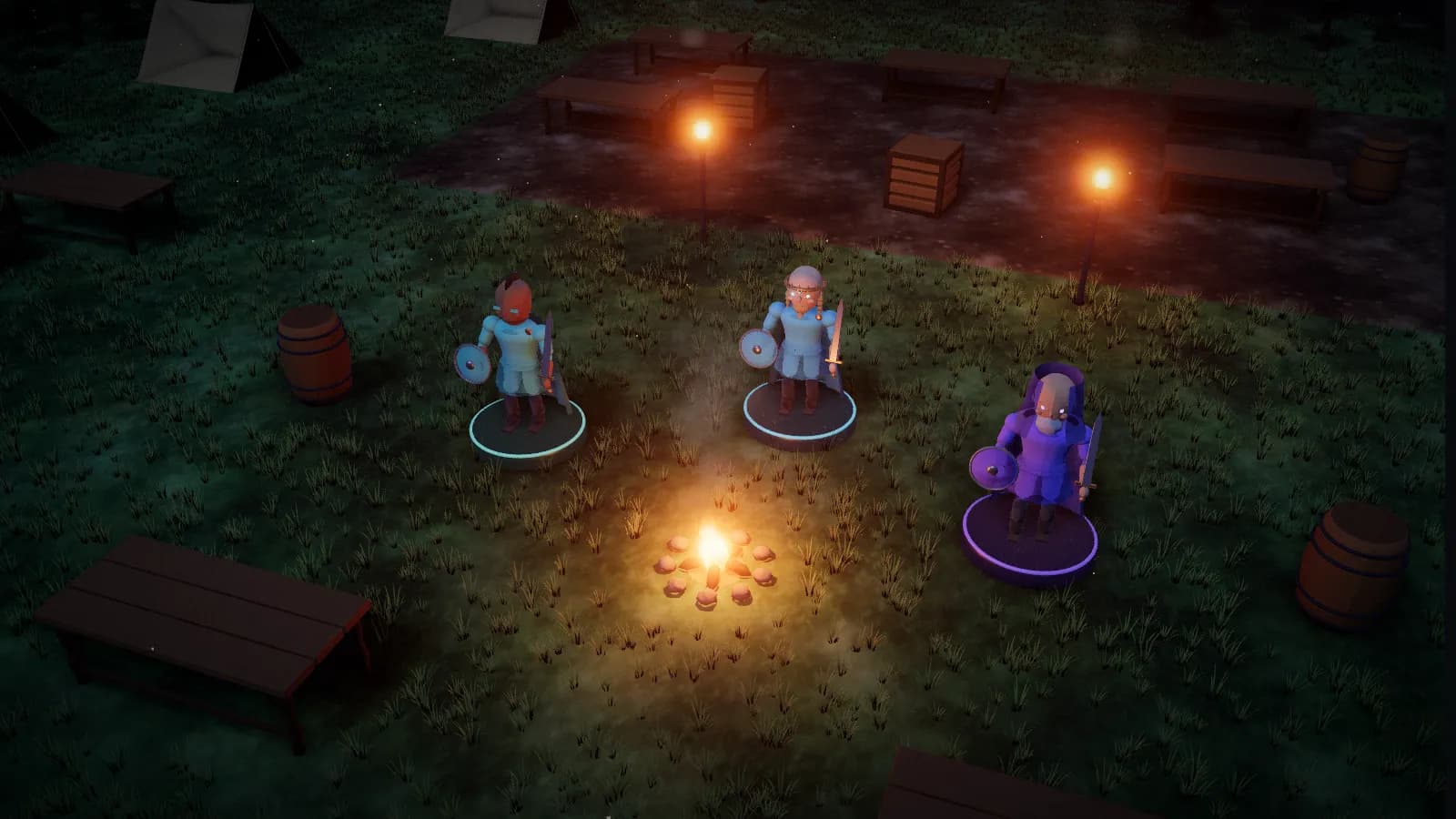 Bartermoot, a board from The Feast of Tegny Wood, on the 3D table with three heroes standing on it.