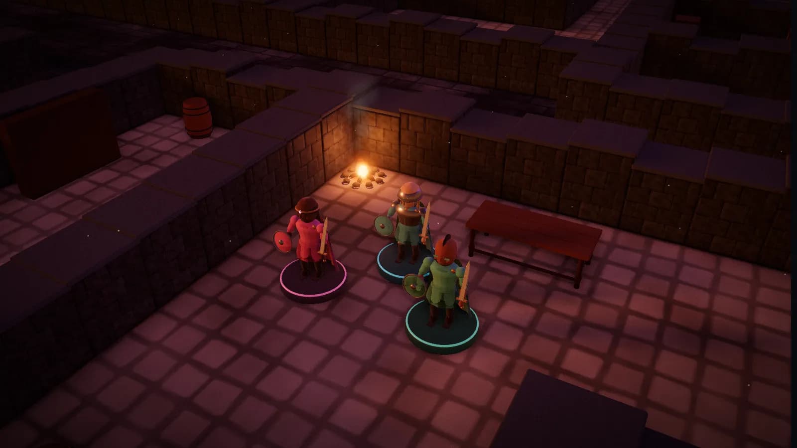 The Ruins: first floor, a board from The Old Blood, on the 3D table with three heroes standing on it.
