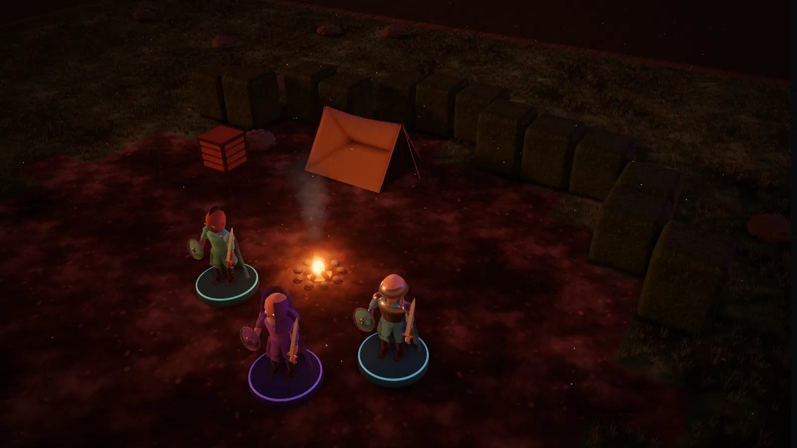 The Old Watchtower, a board from The Terror of Dunmoor, on the 3D table with three heroes standing on it.