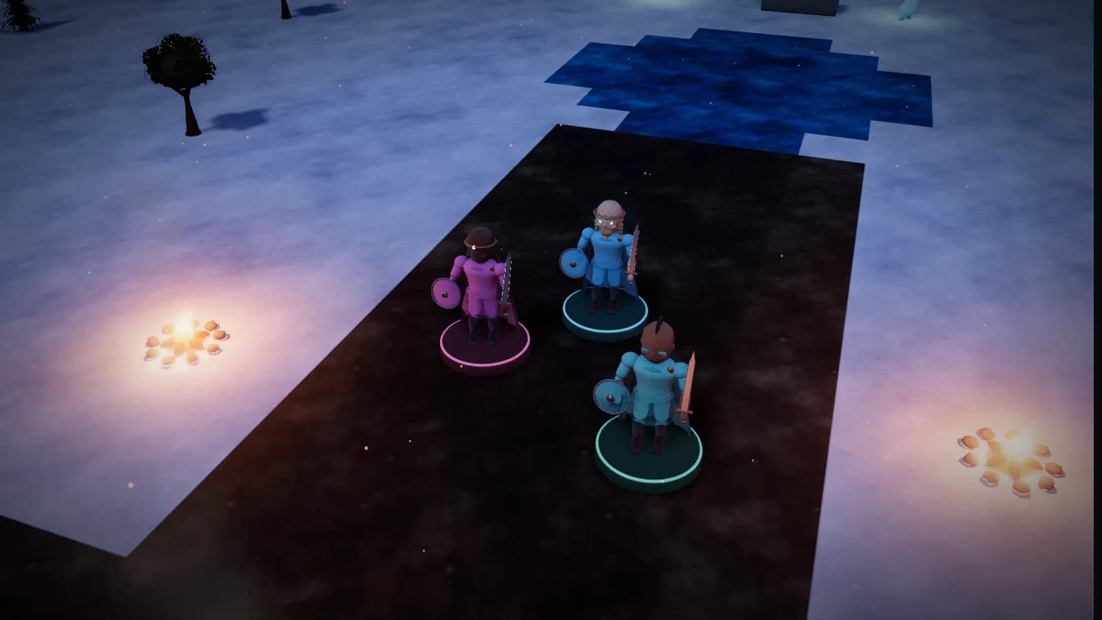 The White Grove, a board from The Frostward of Thornmere, on the 3D table with three heroes standing on it.
