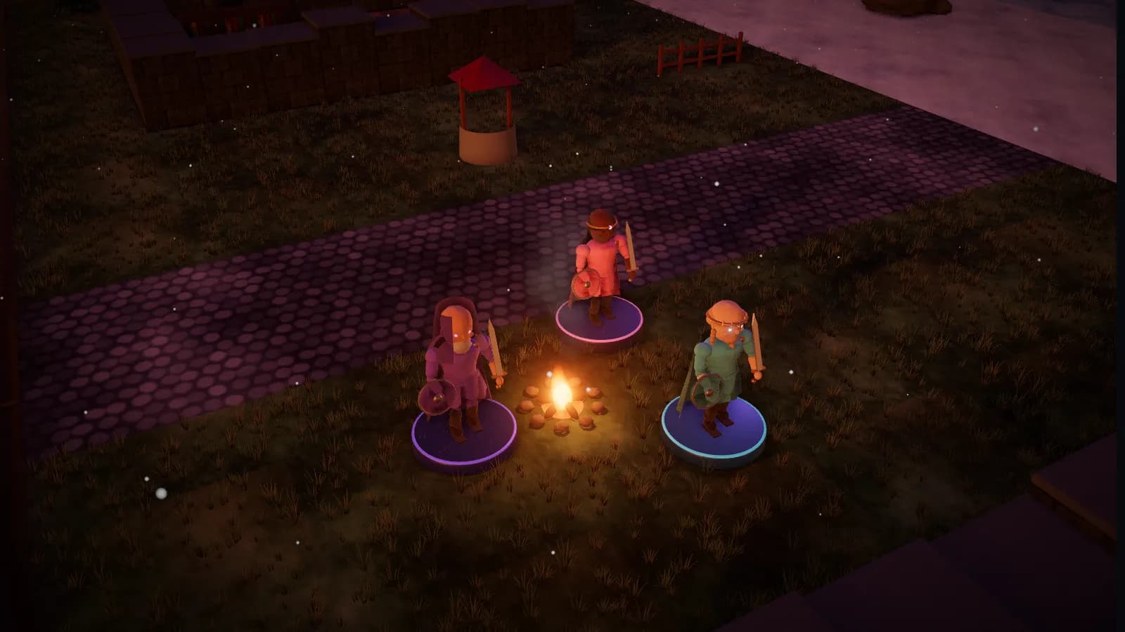 The Ossery Crater, a board from The Glass Comet, on the 3D table with three heroes standing on it.