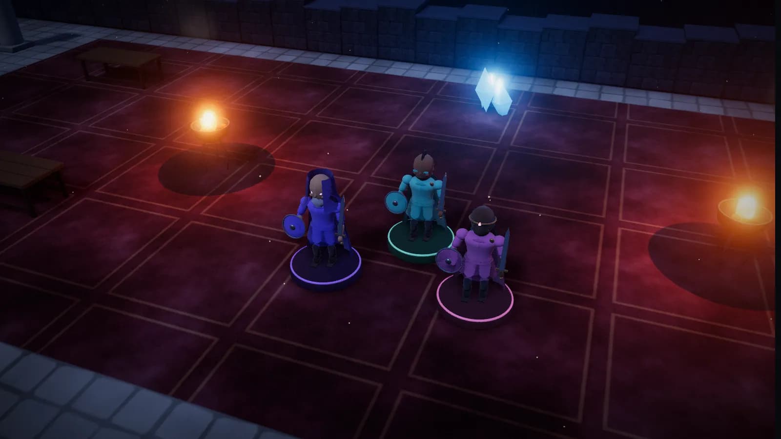 The glasshouse, a board from The Glasshouse Job, on the 3D table with three heroes standing on it.