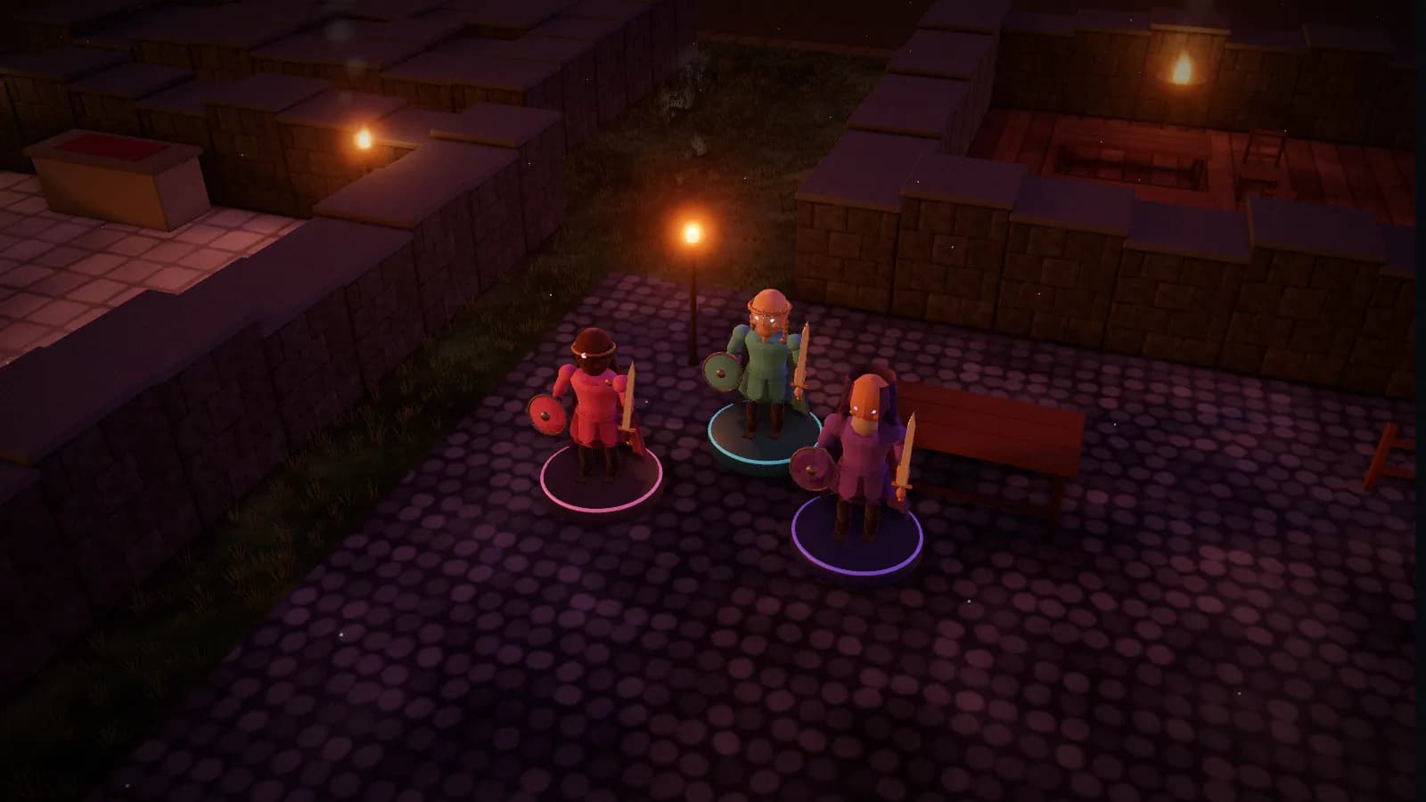 Bellwick market square, a board from The Vigil at Harrow Tor, on the 3D table with three heroes standing on it.