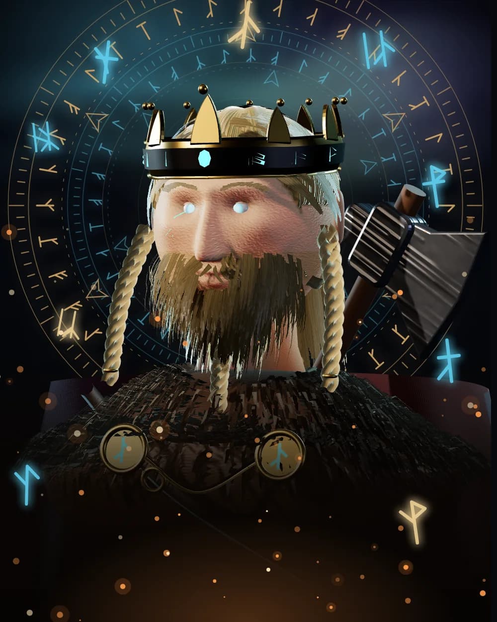 Víkingur, a viking king: a gold-and-iron crown cut with glowing runes over golden braids, a braided beard, eyes and a cheek rune glowing blue, a fur mantle on a red cloak held by two gold clasps and a chain, an axe over one shoulder, before a gold rune ring and an aurora sky.